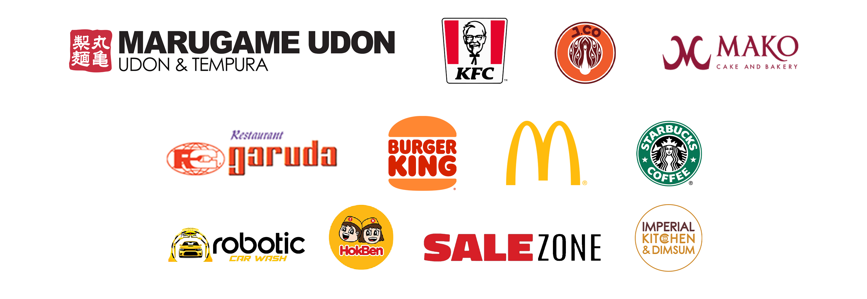 Image contain a logo of Marugame Udon, KFC, J.Co, MCD, Restoran Garuda, Burger King, Starbucks, Hokben, Robotic Carwash and Imperial Kitchen